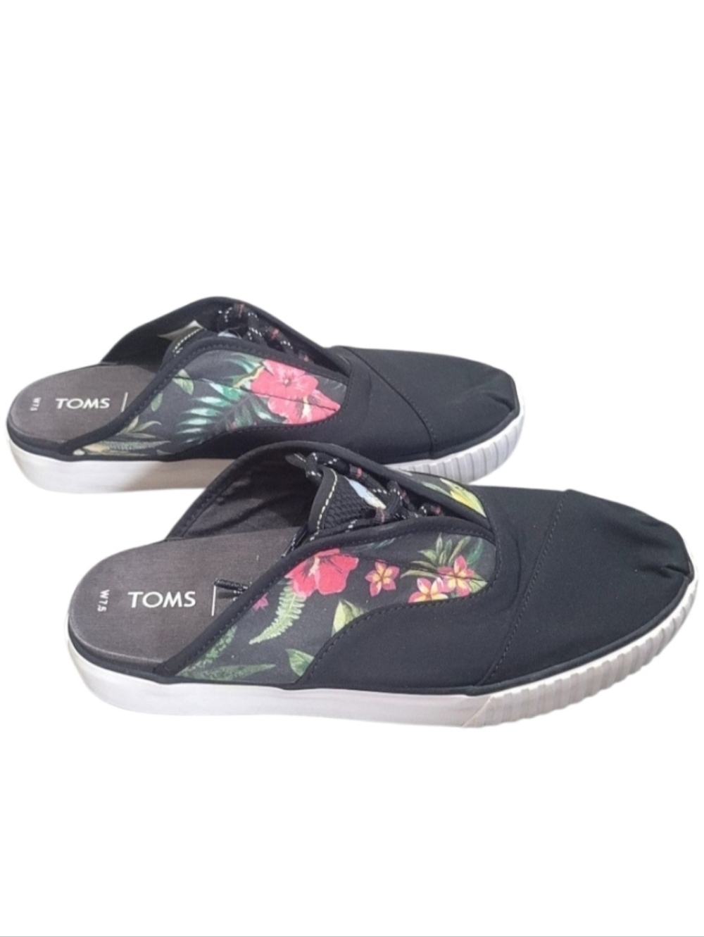 Toms $38 Summer  Black Canvas Mule with Floral print Slip on Sneakers Sz 7.5